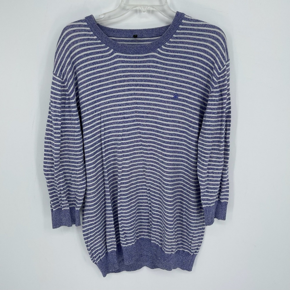 Stile Benetton Women's Y2K Blue Striped Cotton Knit Pullover Sweater Size XL